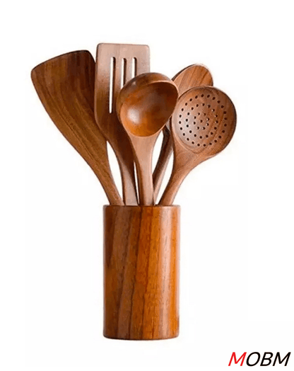 Wooden Kitchen Cooking Utensils 6 PCS Teak Wooden Spoons and Spatula for Cooking Sleek and Non - stick Cookware - BlushBe
