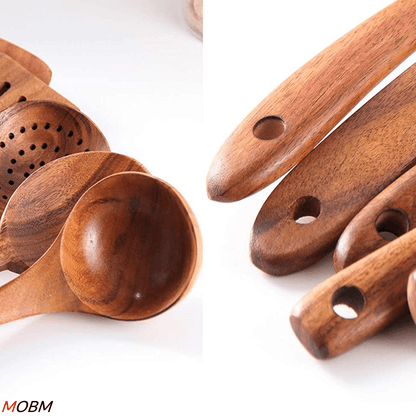 Wooden Kitchen Cooking Utensils 6 PCS Teak Wooden Spoons and Spatula for Cooking Sleek and Non - stick Cookware - BlushBe