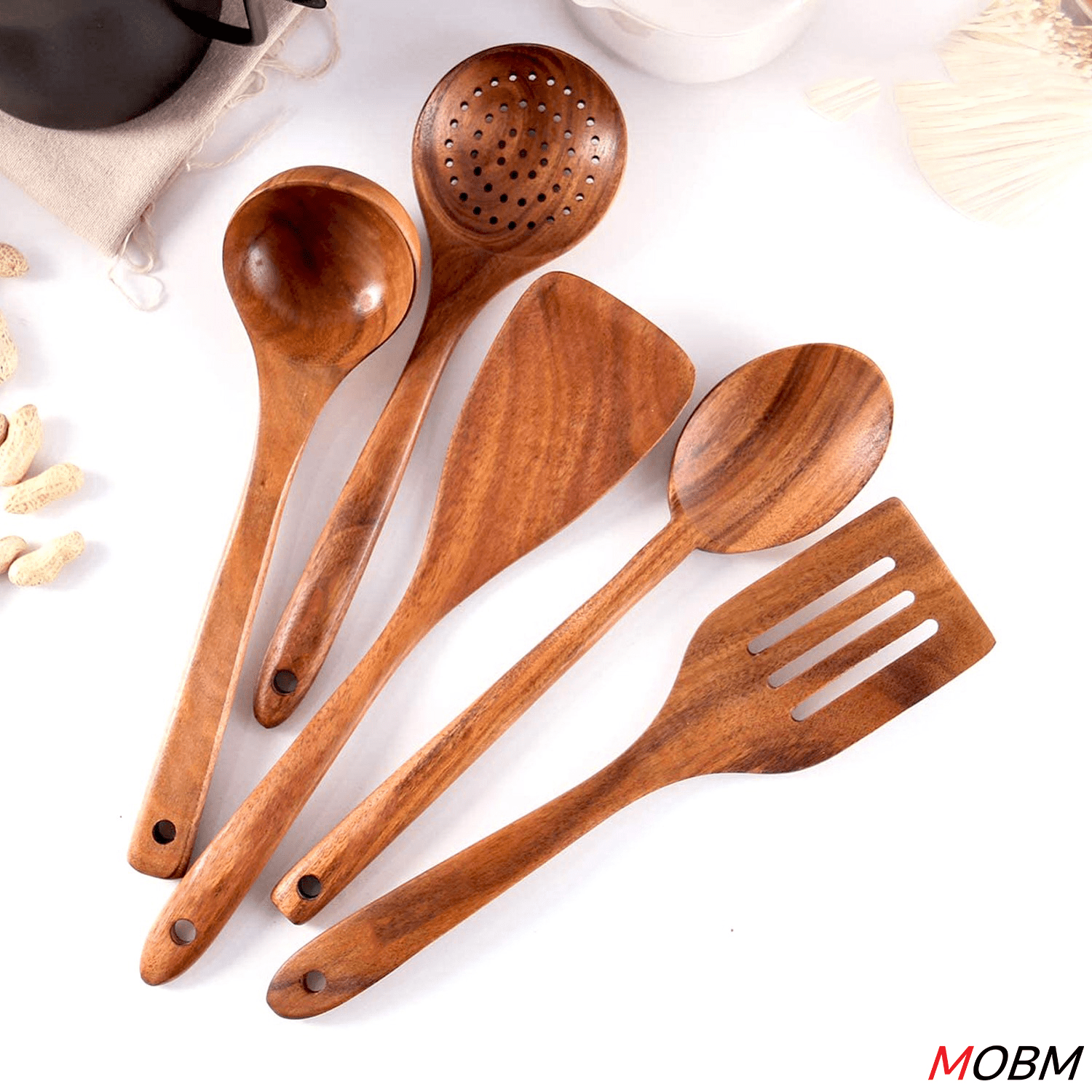 Wooden Kitchen Cooking Utensils 6 PCS Teak Wooden Spoons and Spatula for Cooking Sleek and Non - stick Cookware - BlushBe